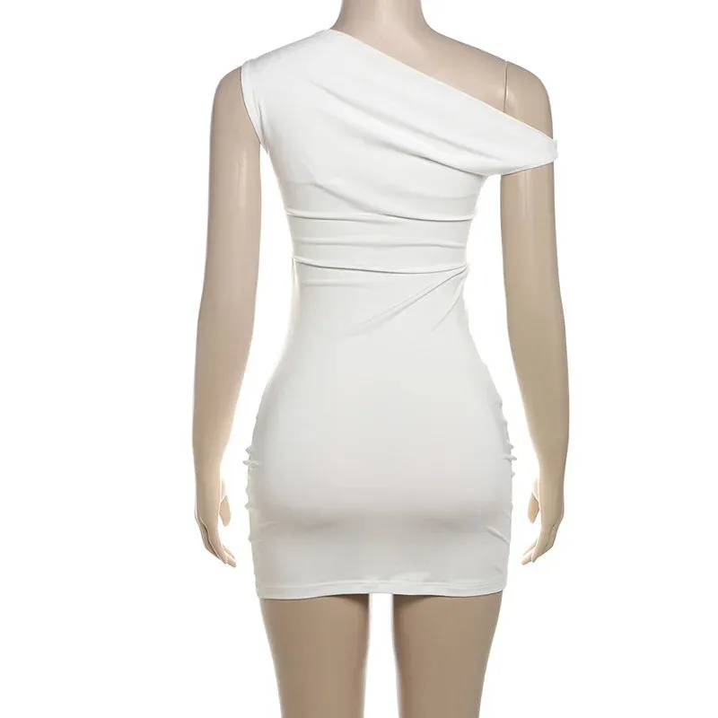 White One Shoulder Charming Draped Mini Dress