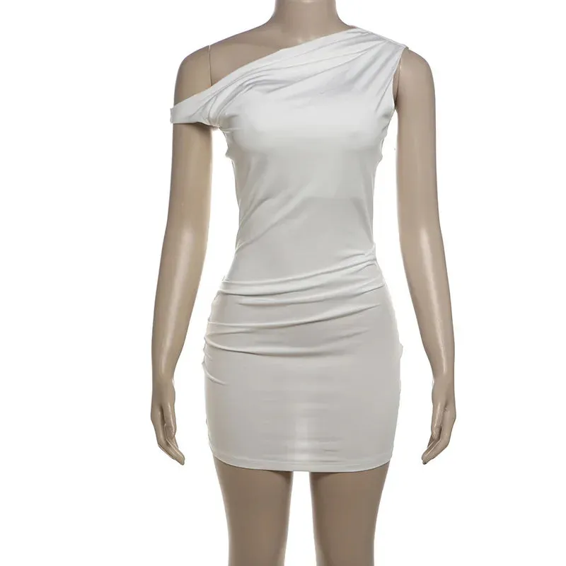 White One Shoulder Charming Draped Mini Dress