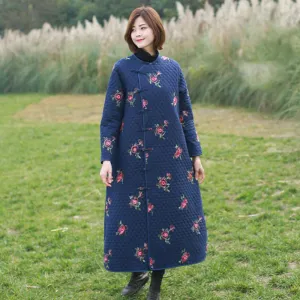 Women floral embroidery coat linen ladies winter filler dress