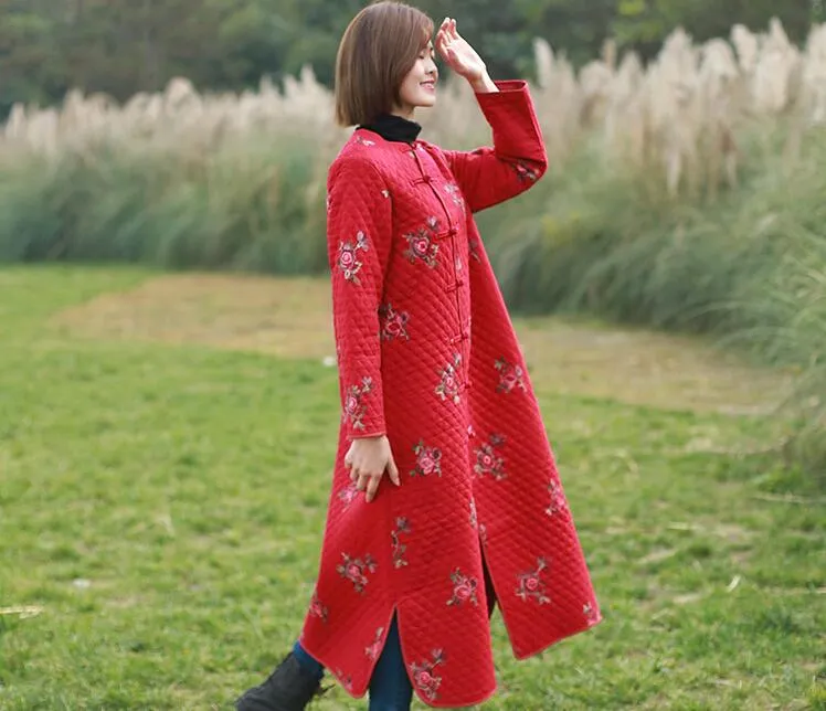 Women floral embroidery coat linen ladies winter filler dress
