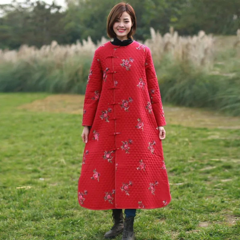 Women floral embroidery coat linen ladies winter filler dress