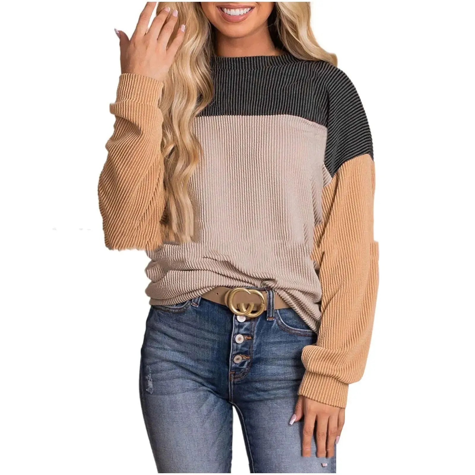 Women's Colour Blocking Round Neck Long Sleeved Sweater