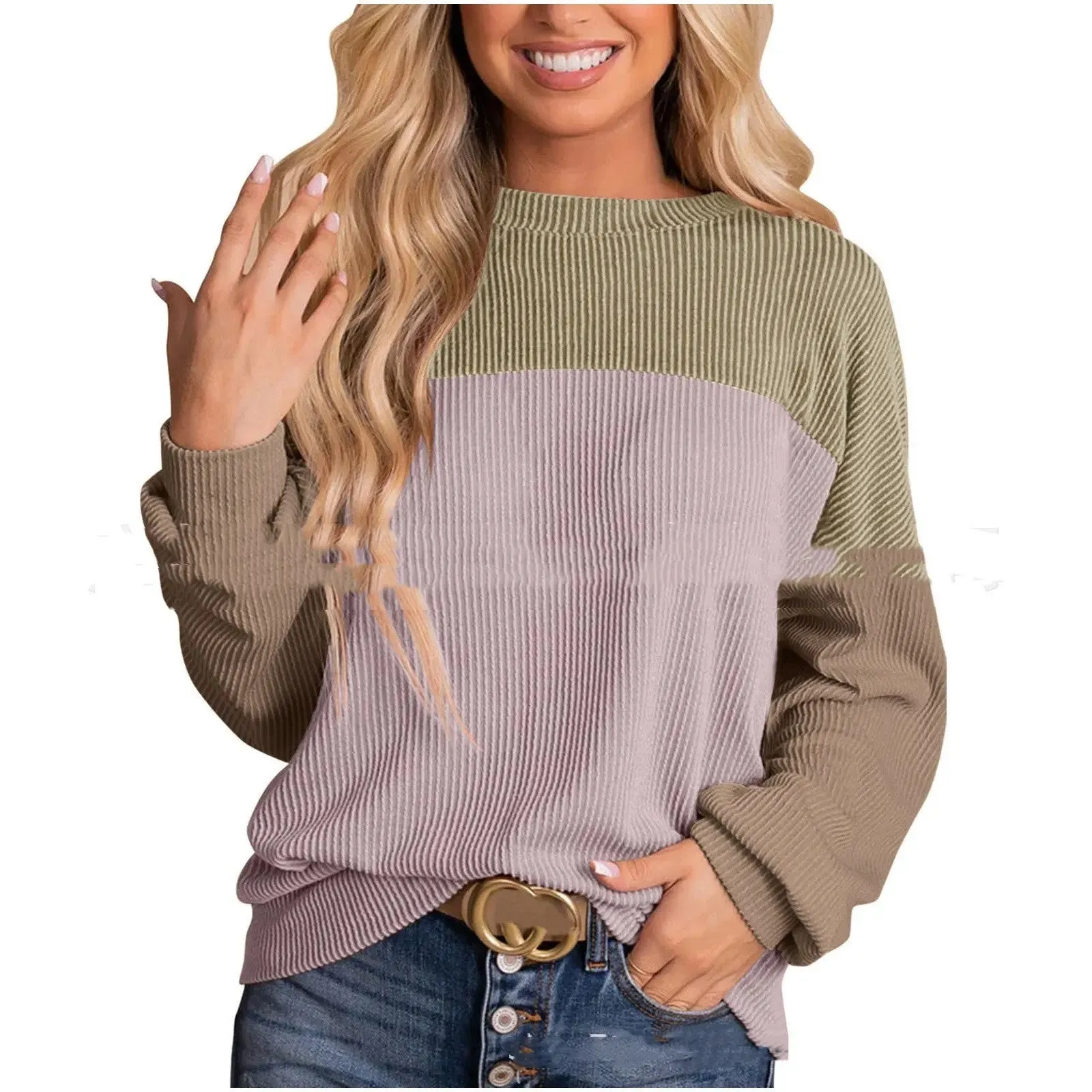 Women's Colour Blocking Round Neck Long Sleeved Sweater