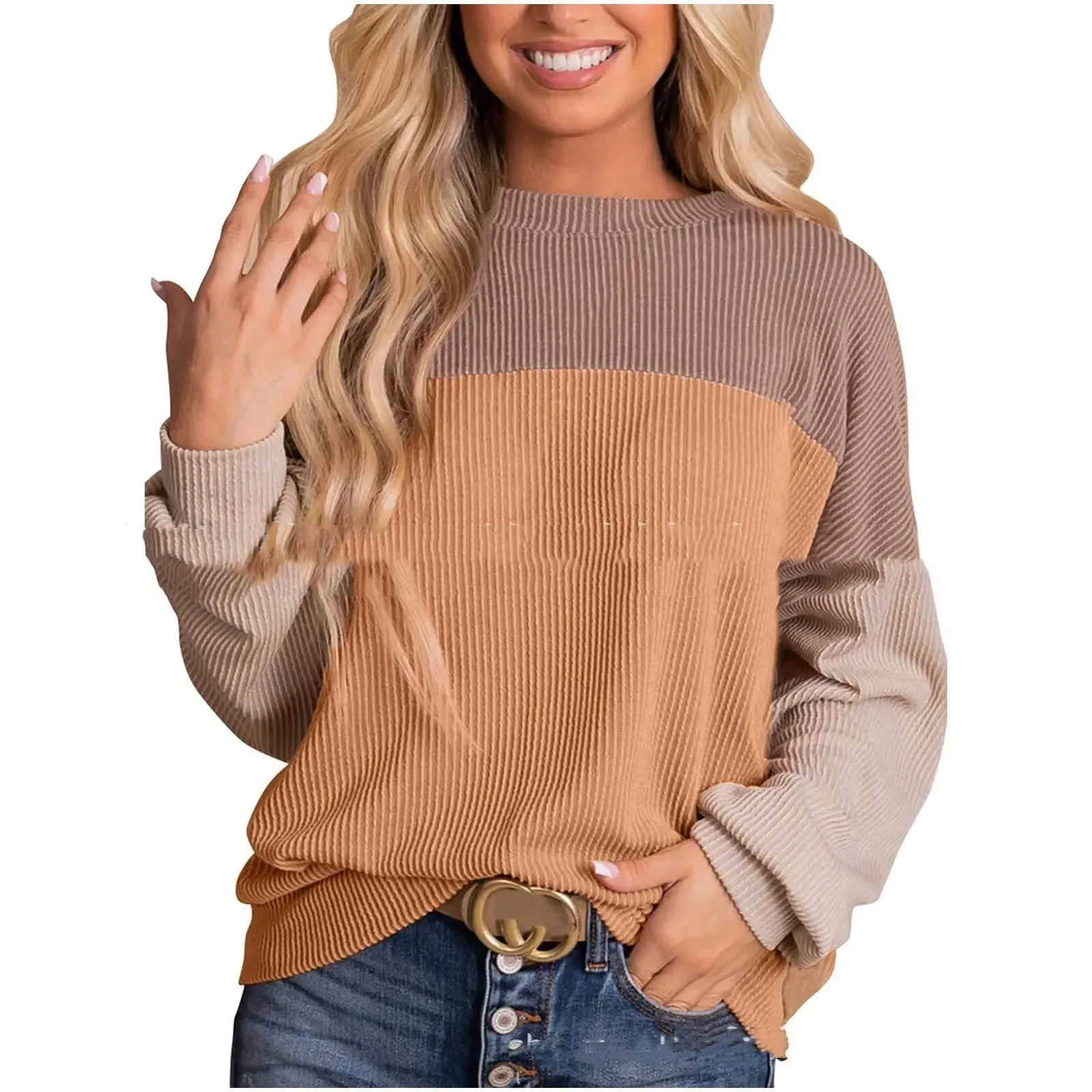 Women's Colour Blocking Round Neck Long Sleeved Sweater