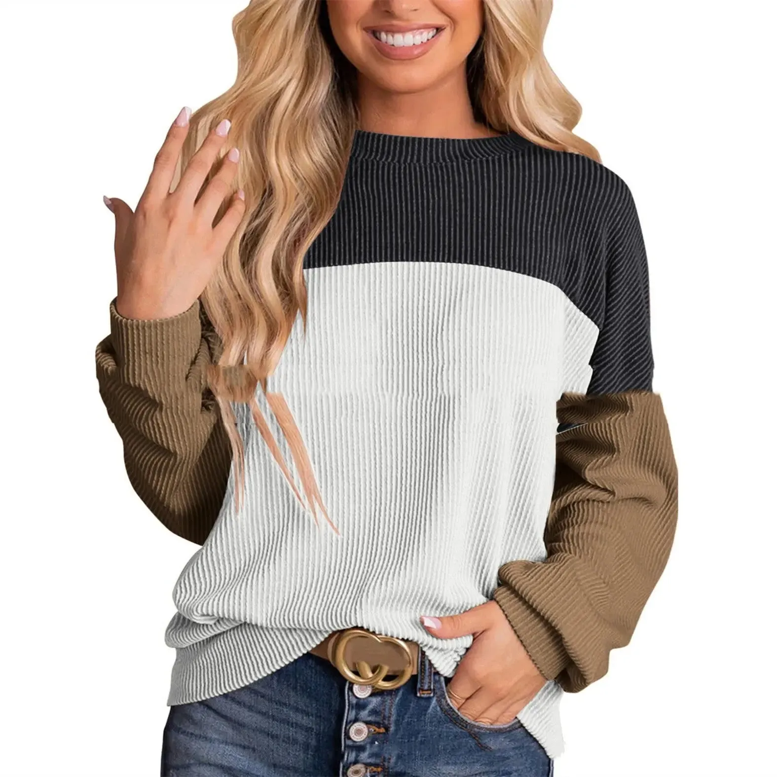 Women's Colour Blocking Round Neck Long Sleeved Sweater