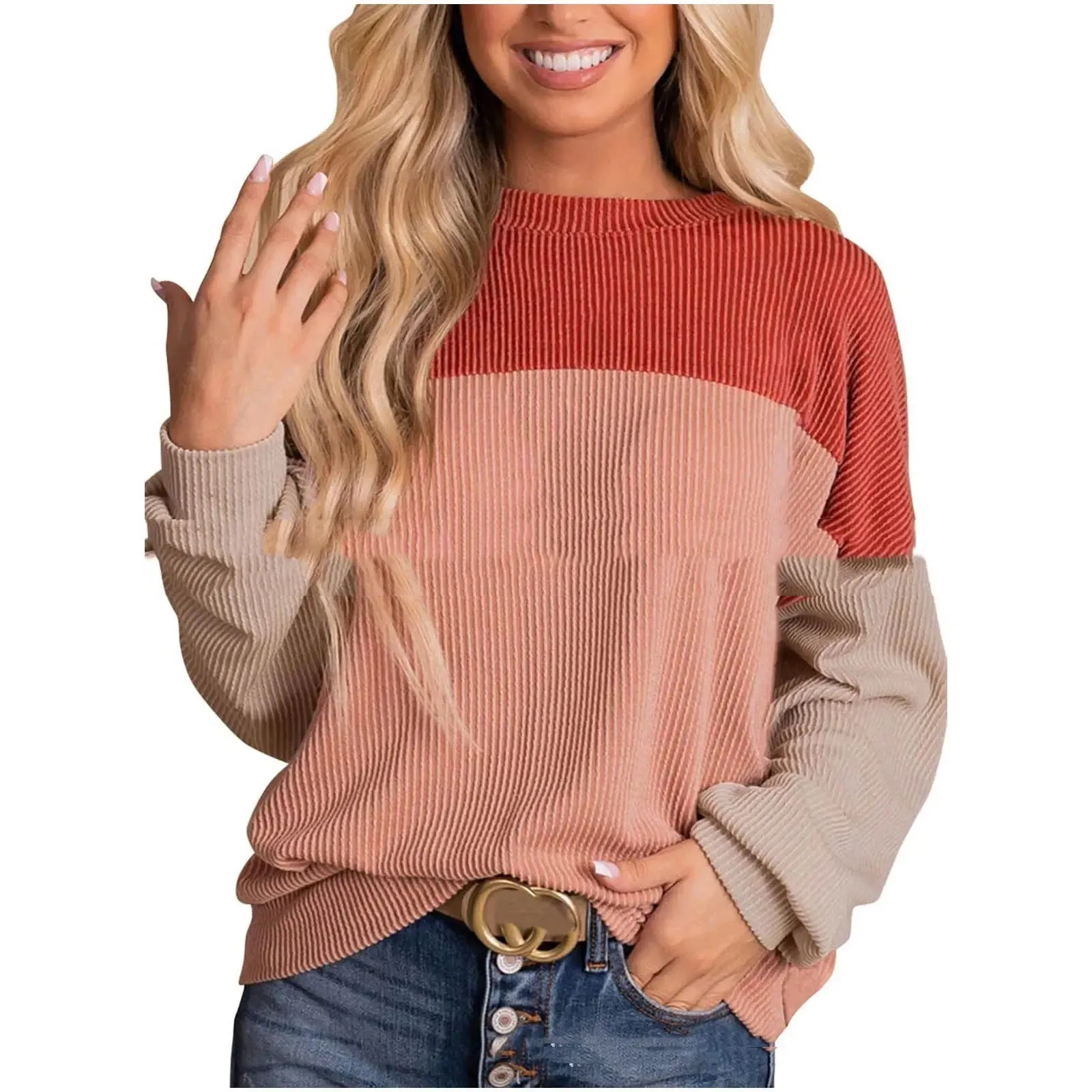 Women's Colour Blocking Round Neck Long Sleeved Sweater