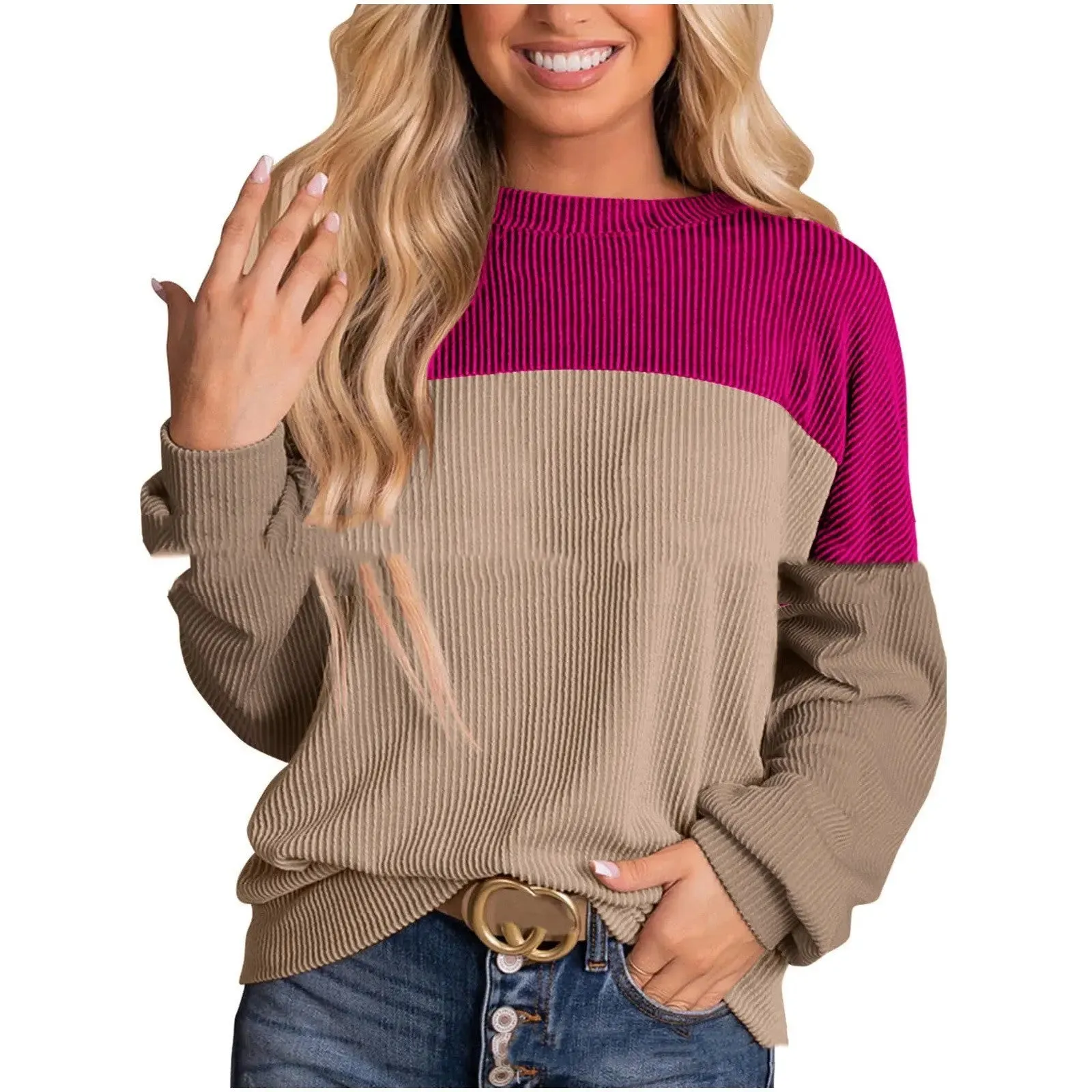 Women's Colour Blocking Round Neck Long Sleeved Sweater