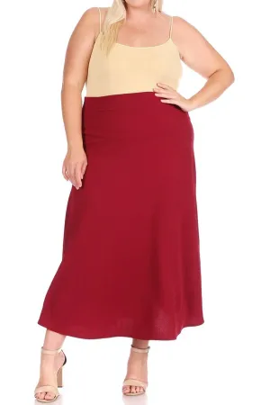 Women's Plus Size Solid High Waisted Flare A-line Midi Skirt with Elastic Waistband