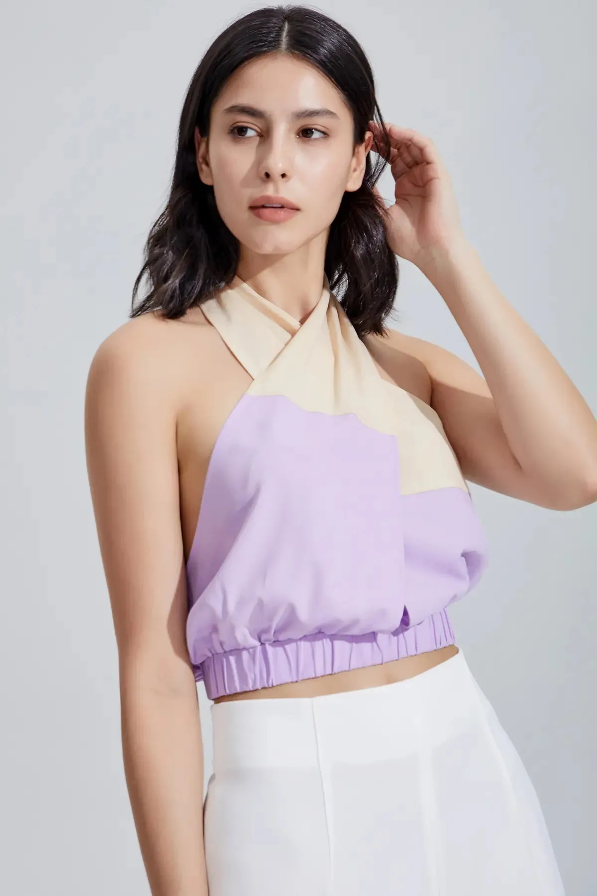 Women's Shirred Criss Cross Halter Crop Top