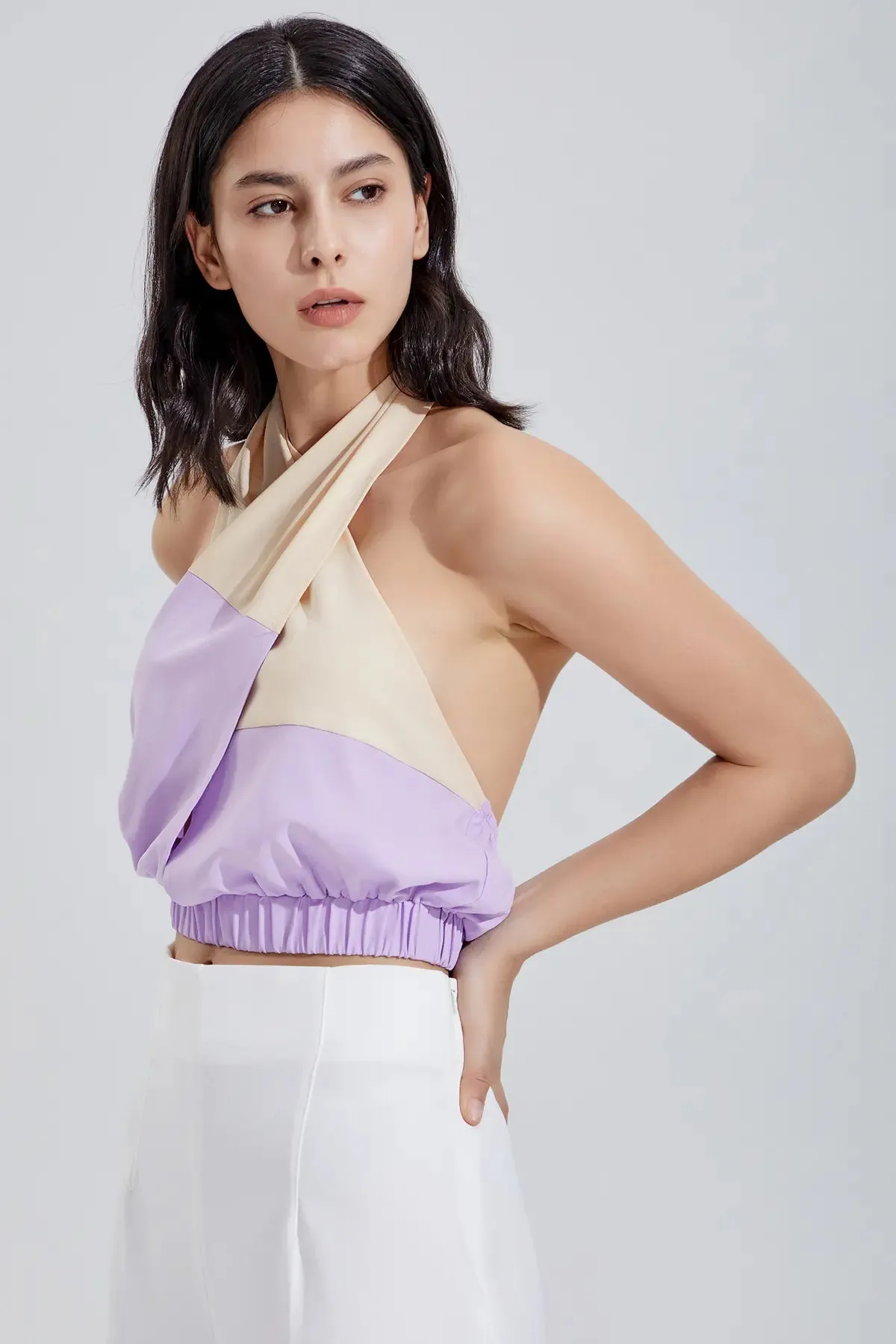 Women's Shirred Criss Cross Halter Crop Top
