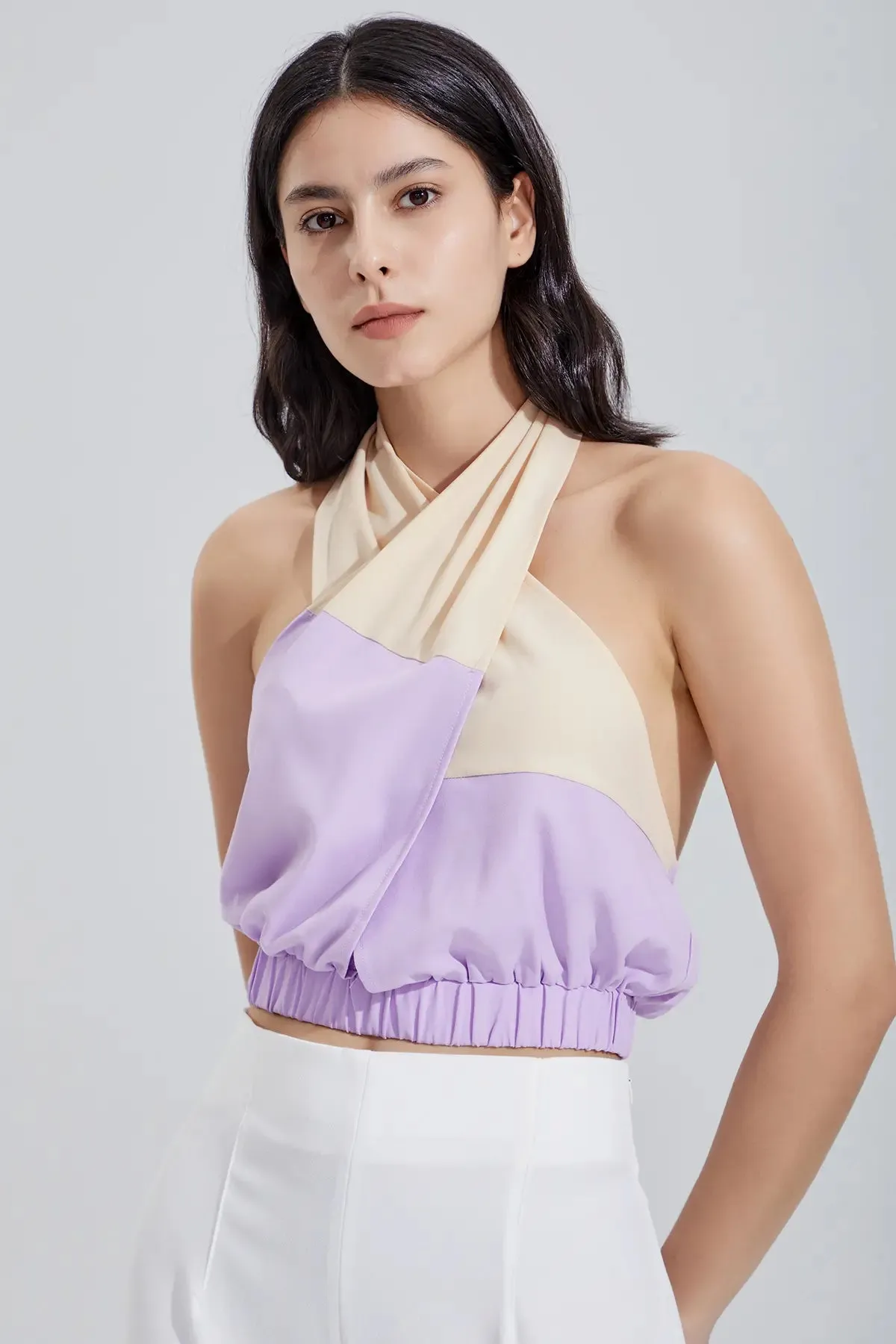 Women's Shirred Criss Cross Halter Crop Top