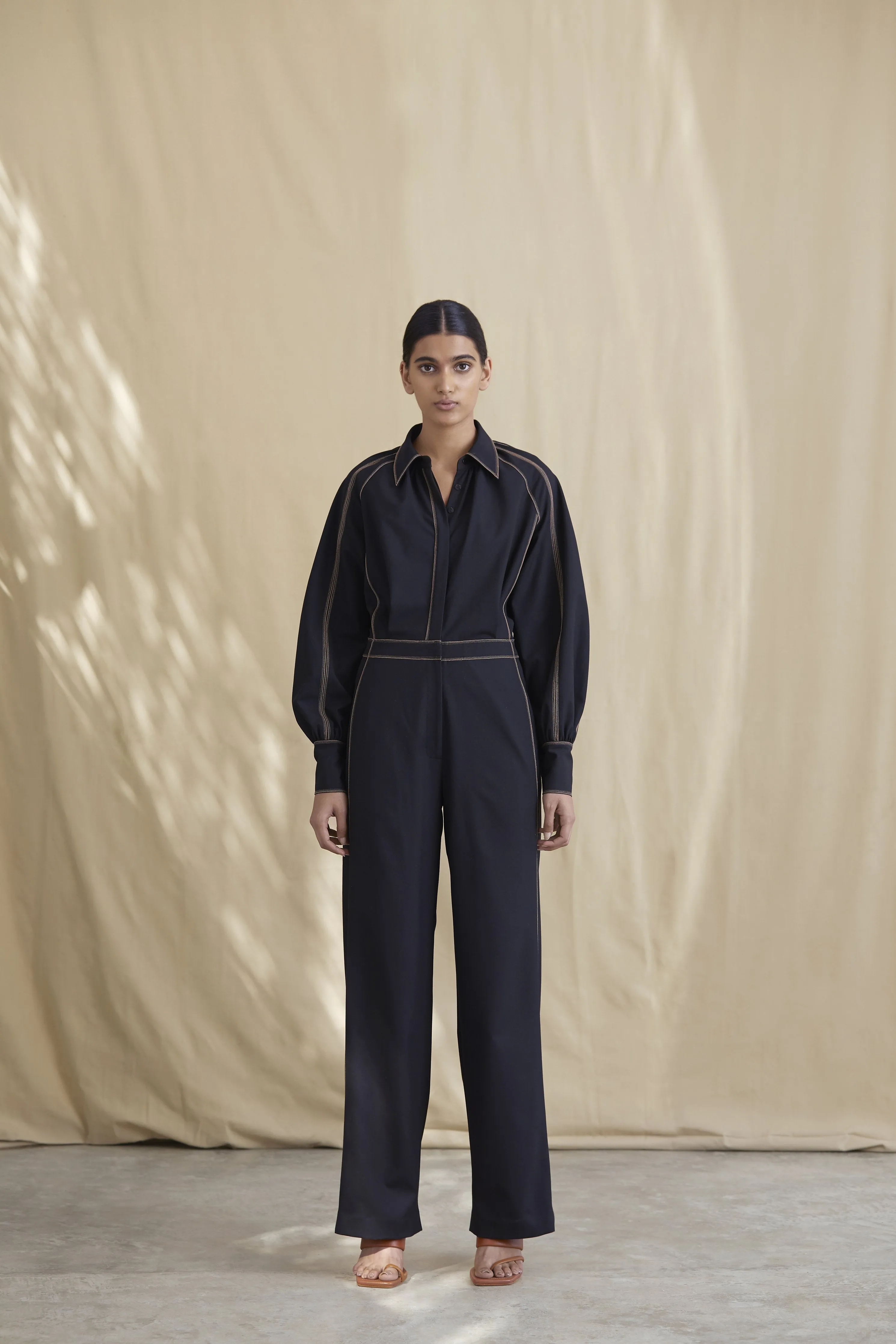 Wool Tailored Jumpsuit with Contrast Top-Stitch Detail