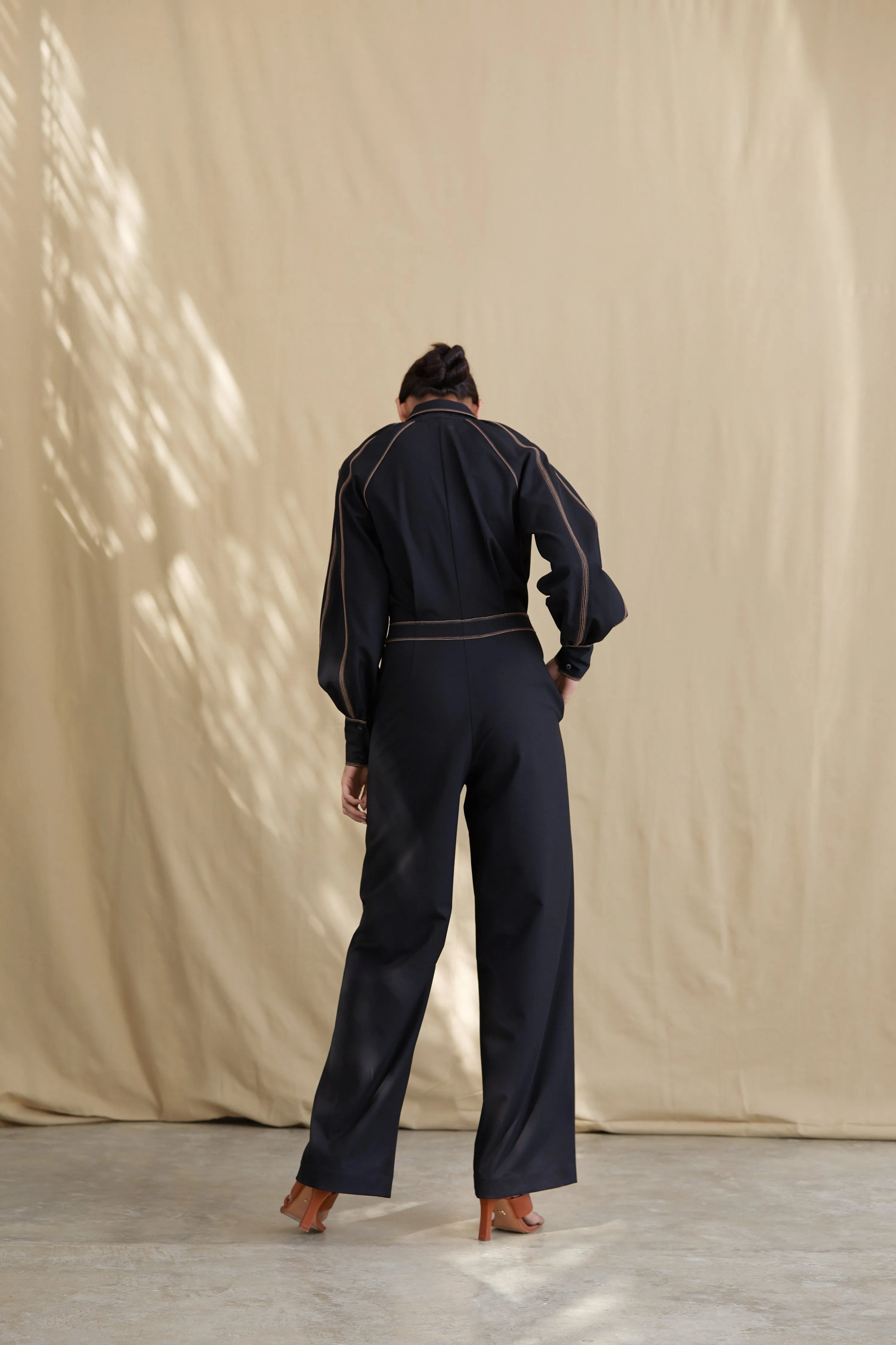 Wool Tailored Jumpsuit with Contrast Top-Stitch Detail