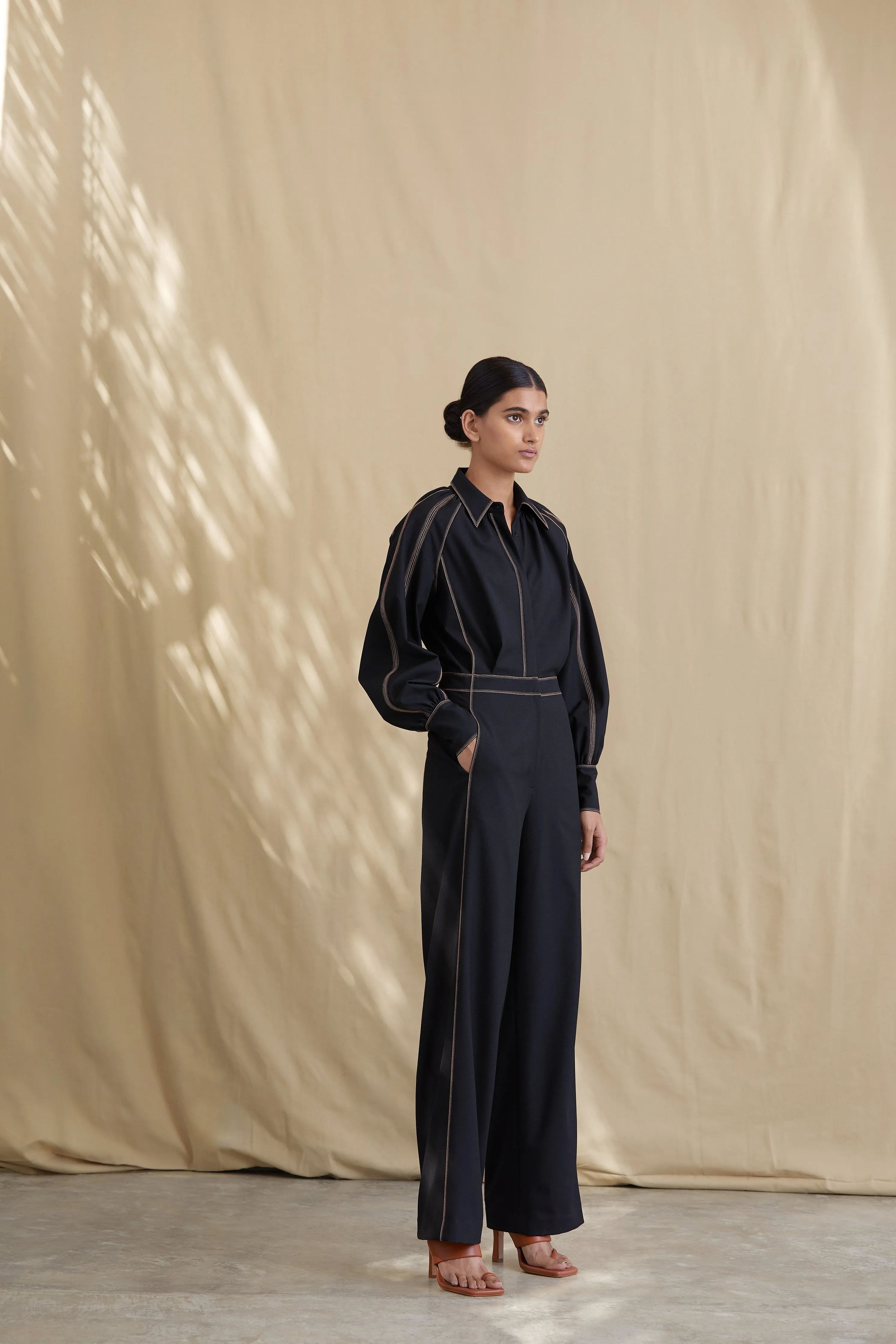 Wool Tailored Jumpsuit with Contrast Top-Stitch Detail