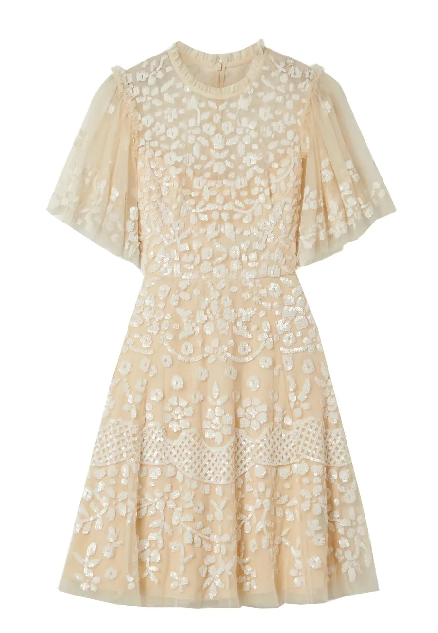 Yellow Honesty Embellished Sequins Flutter Sleeves Mini Dress (UK 8)