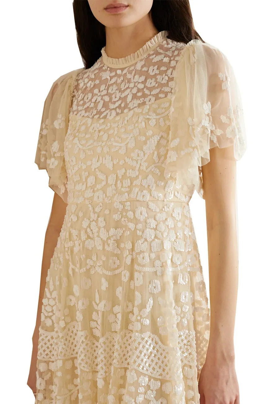 Yellow Honesty Embellished Sequins Flutter Sleeves Mini Dress (UK 8)