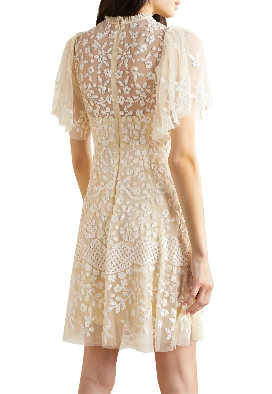 Yellow Honesty Embellished Sequins Flutter Sleeves Mini Dress (UK 8)